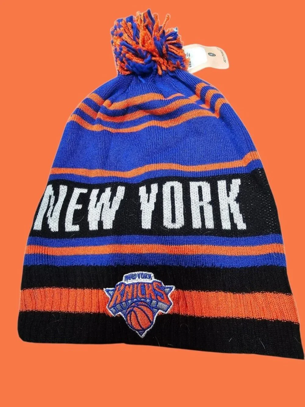 New York Knicks Knit Beanie Hat Longer Style Blue/Orange W/Pom NBA Licensed New